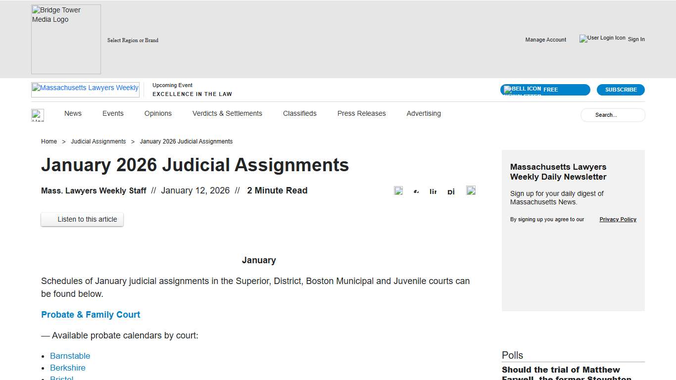 January 2026 Judicial Assignments Massachusetts Lawyers Weekly
